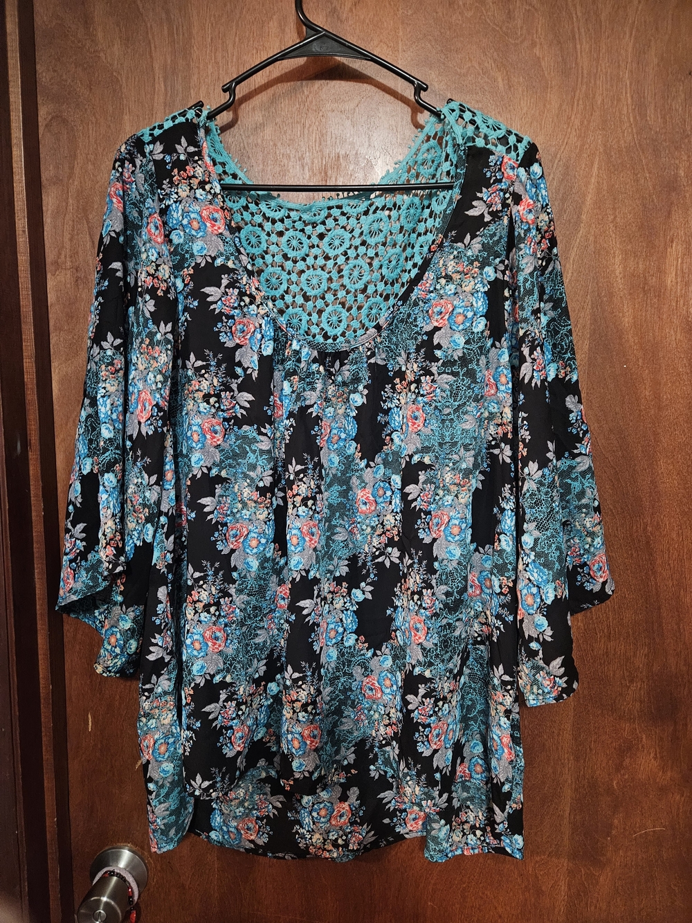 BONGO Black Floral Tunic with Teal Crochet Back